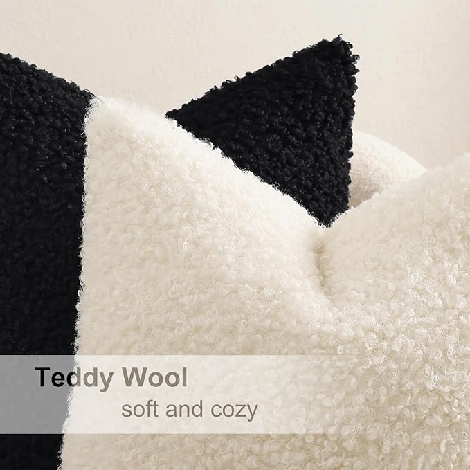 decorUhome Pack of 2 Throw Pillow Covers 22x22 Inch, Faux Fur Decorative Sherpa Pillow Covers Fuzzy Accent Soft Sheepskin Fleece Pillow Cases for Couch Living Room Bed, Black