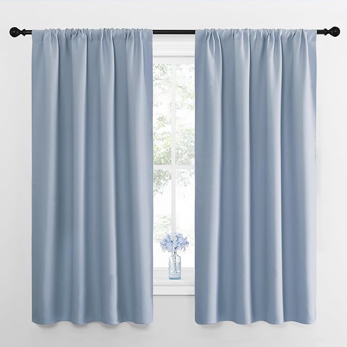 NICETOWN Window Curtains for Bedroom, Vintage Blue, 2 Panels, W42 x L48 -Inch, Home Decoration Thermal Insulated Rod Pocket Blackout Blinds & Drapes for Small Windows