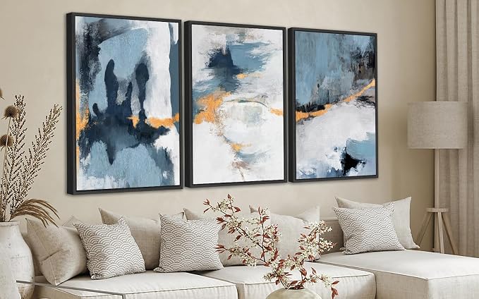 Large Framed Abstract Wall Art - Natural Framed Canvas Pictures for Living Room Modern Canvas Prints Grey Blue for Bedroom, Black Float Frame Art for Home Office Kitchen Decor 24" X 36" X 3pcs