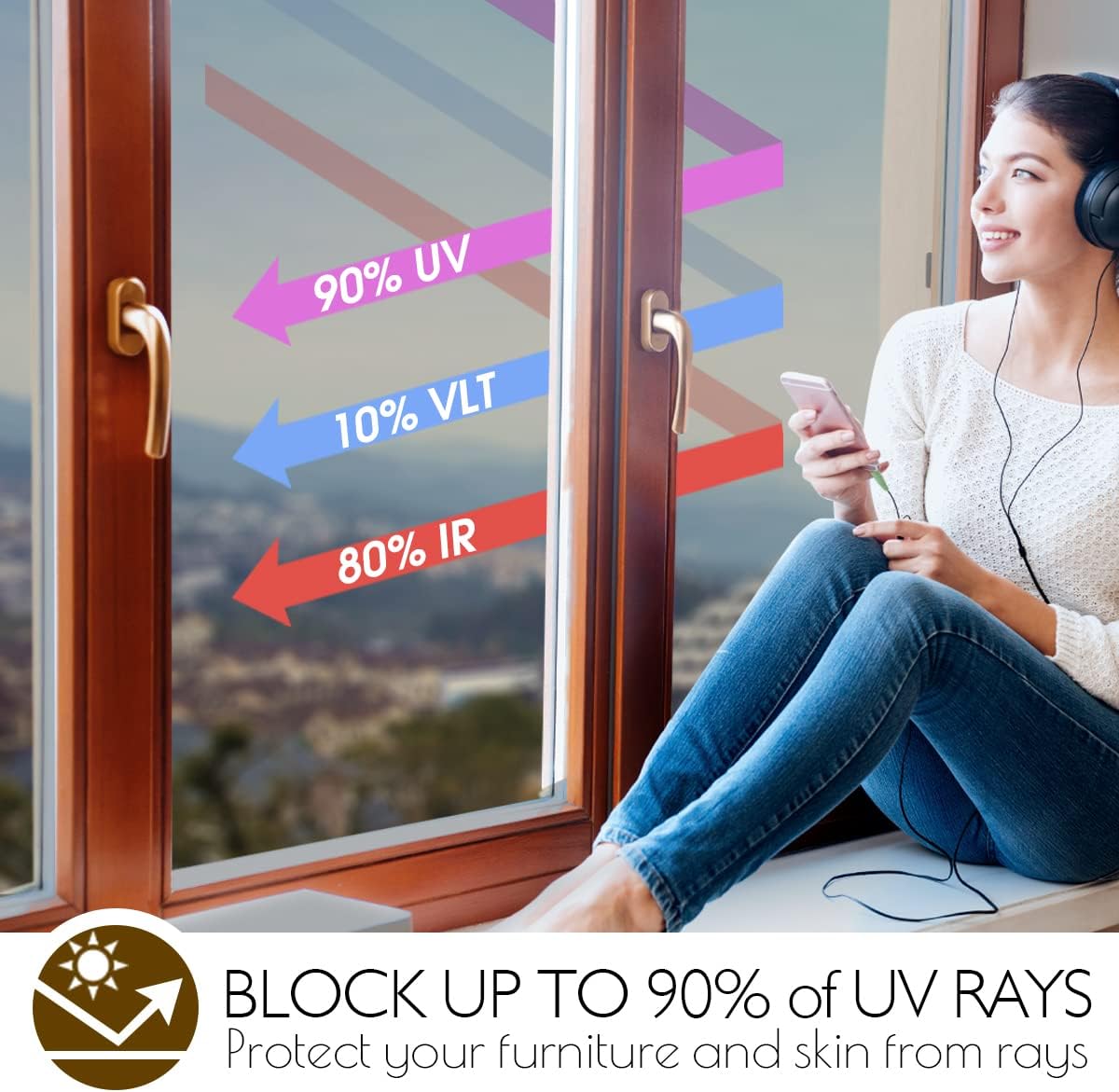 HIDBEA One Way Privacy Window Film, Daytime Mirror Reflective Heat Control UV Sun Blocking Non-Adhesive Static Cling Window Tint for Home and Office (Brown-Silver, 29.5 Inch x 6.5 Feet)