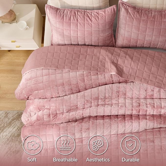 BEDELITE Velvet Quilt Set Queen Size - Luxury Soft Velvet Comforter Bedding Set for All Season, Lightweight Quilted Box Stitch Oversized Bedspread Coverlet with 2 Matching Shams, Rose Pink