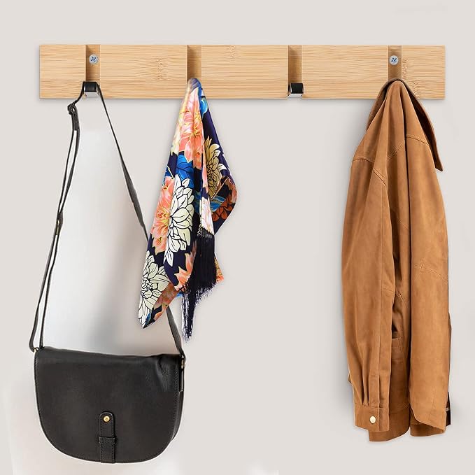 KYSMOTIC Wall Mounted Coat Rack with Foldable Hooks - Modern Space-Saving Wooden Entryway Organizer for Coats, Bags, Hats, Keys (4 Hooks, Natural Finish