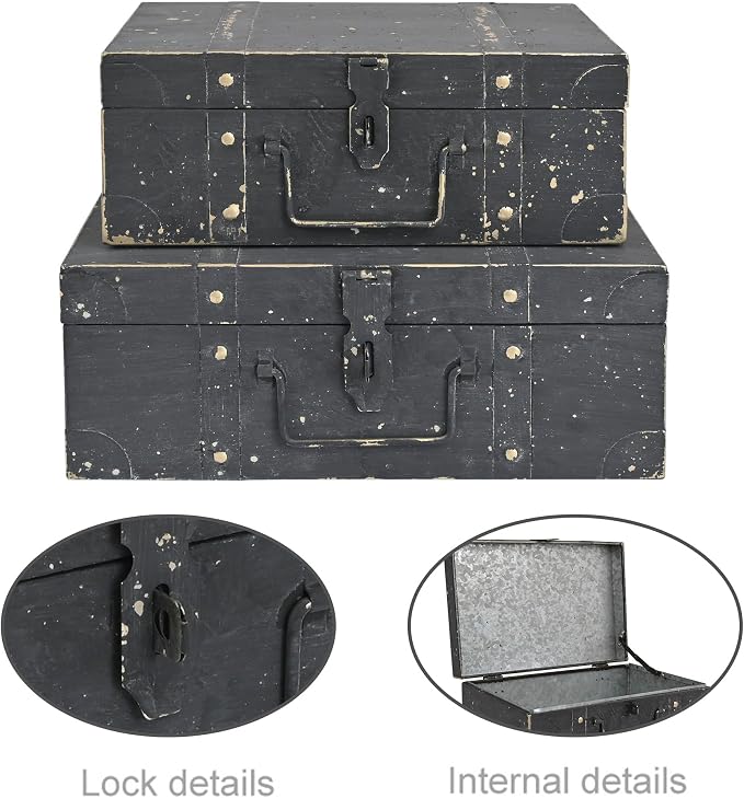 Vintage Metal Storage Trunks - Set of 2, Antique Decorative Storage Chests with Lids, Decorative Suitcase Boxes, Vintage Suitcases for Keepsakes and Home Decor, Black
