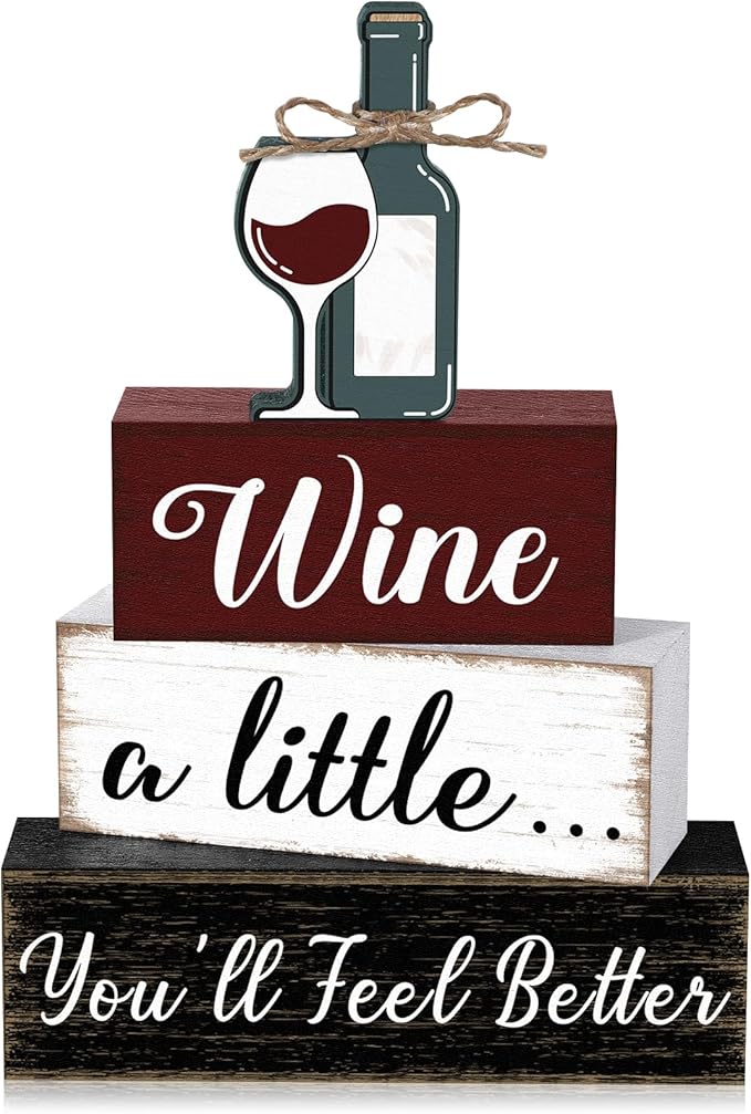 Marsui 4 Pcs Wine Tabletop Decor Rustic Coffee Bar Tiered Tray Decor Decorative Wood Wine Bottle Block Sign Gift Wooden Farmhouse Table Centerpiece for Home Party Shelf Desk Decoration
