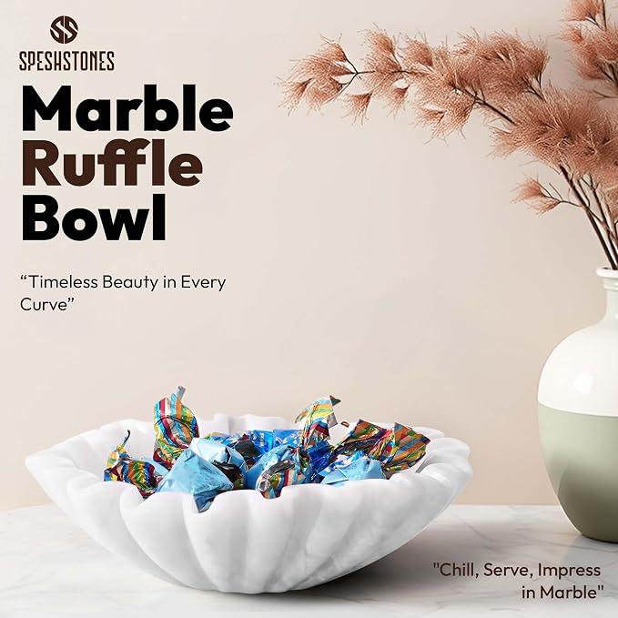 Marble Decorative Bowl Handmade 8 Inch White Ruffle Bowl, Fruit Bowl for Kitchen Counter, Large Scalloped Bowls for Housewarming Gifts, Modern Fluted Bowl for Home Decor