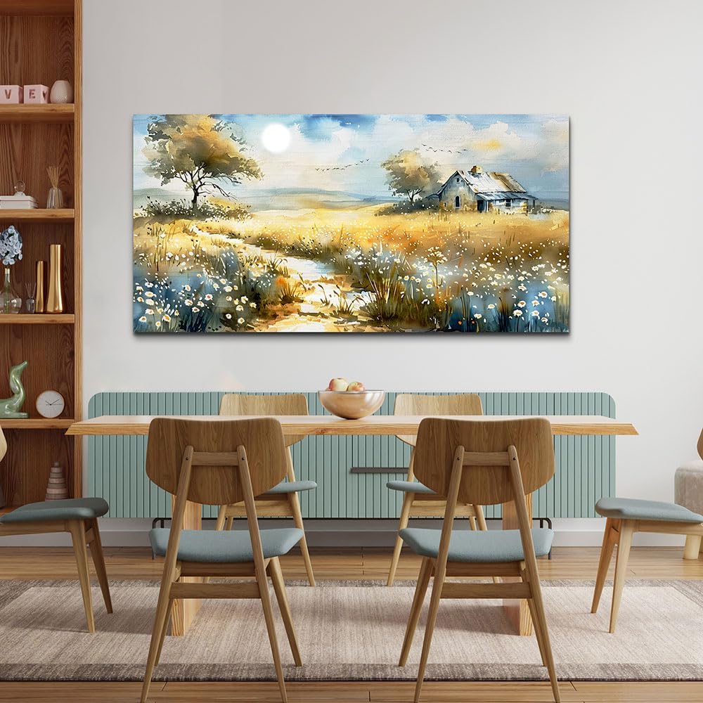 KELIYUAN Vintage Wildflower Field Landscape Painting Wall Art For Dining Room Kitchen Art Print Country Field Mural Wall Decoration For Farmhouse And Living Room Bedroom Home Decoration 20x40 In