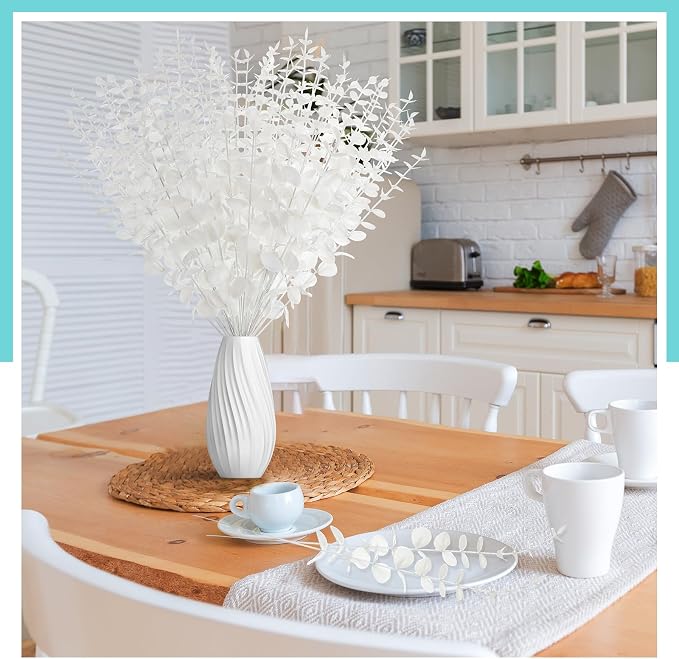 Canlierr 50 Pcs Eucalyptus Stems Faux Greenery Artificial Eucalyptus Leaves Decor Greenery Stems Branch for Wedding Centerpiece Flower Bouquet Farmhouse Home (White)
