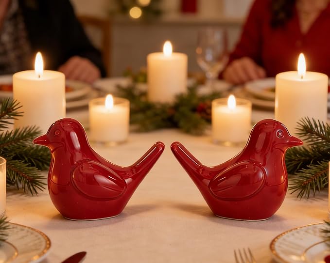Small Red Bird Statue Ceramic 2-Piece Set, 3¾ inch Cute Knick Knack for Home Office Shelf Desk Decor