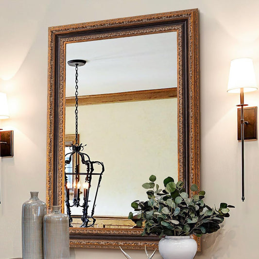 Vintage Accent Mirror 41.5" X 30", Bronze Antique Mirror with Handmade Aging 3D Carvings Wood Frame for Entryway, Living Room, Bathroom and Bedroom
