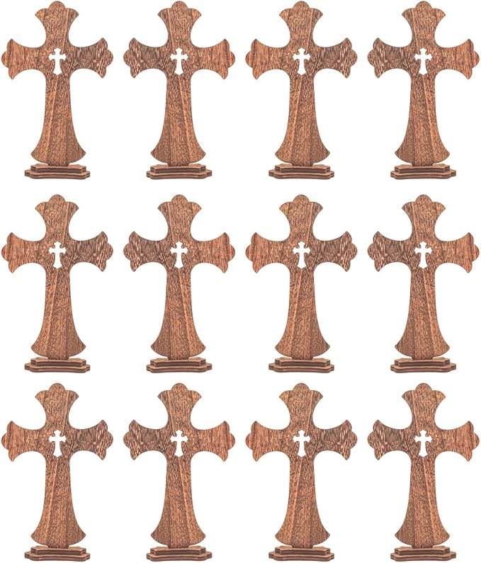9 Inch 12 Pack Brown Wood Standing Crosses Wooden Tabletop Cross Rustic Cross for Baptism Centerpieces Home Church Decor Prayer Gifts