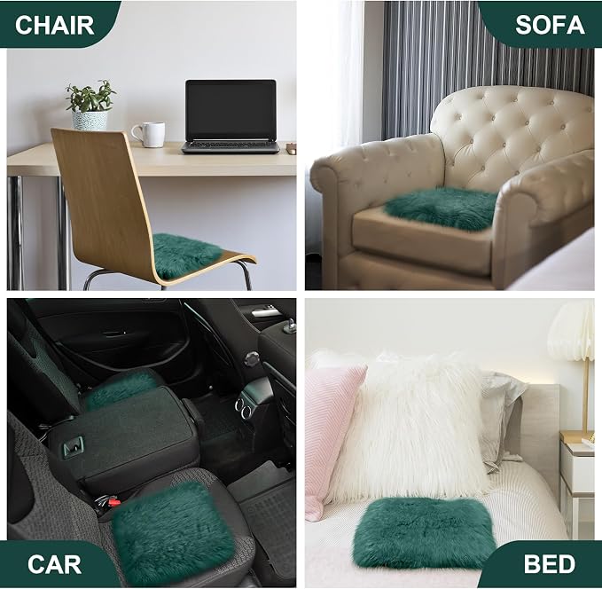 Drydiet 2 Pcs Natural Sheepskin for Bed Sores and Skin Imitation Wool Medical Sheepskins with Non-Slip Back for Pain Relief and Discomfort, Wool Seat Pad, 17 in x 17 in (Square,Emerald)