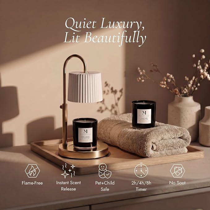 Dimmable Glass Candle Warmer Lamp with Timer - Adjustable Height Candle Lamp Warmer with Timer (8H/4H/2H) - Wax Melter - Ideal Gift, fits Various Size Scented Candles - 02 Bulb - (Gold Metal)