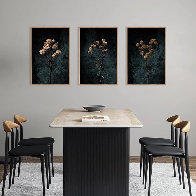 LHIUEM Dark Moody Wildflowers Framed Canvas Wall Art Set,Minimalist Wildflower Wall Decor,Vintage Black Flower Botanical Painting, Aesthetic Floral Artwork for Living Room,Bedroom,Office-24''x36''x3