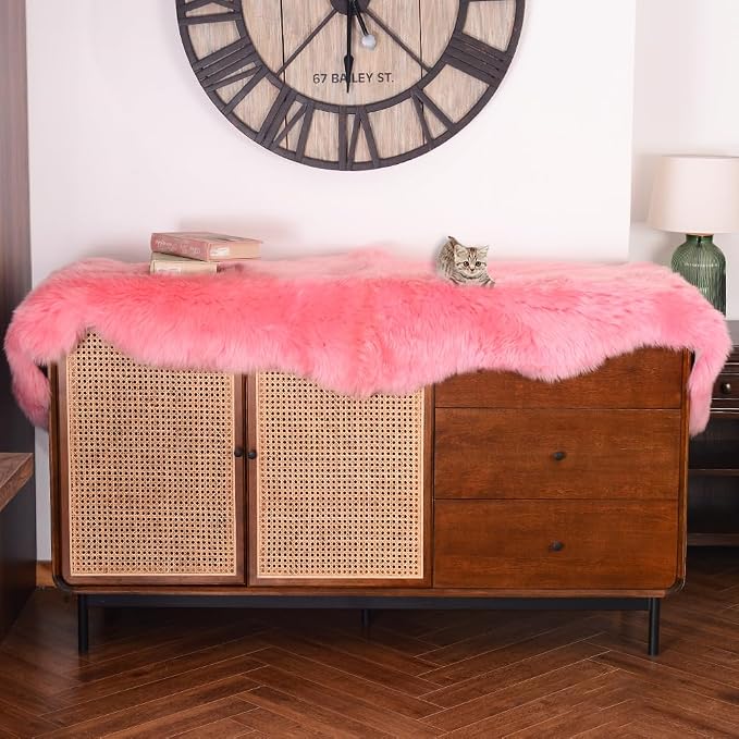 IRIWOOL Premium Genuine Fur Sheepskin Rug Real Australia Sheepskin Natural Luxury Fluffy Lambskin Fur Area Rug Seat Covers for Kids Bedroom Sofa Chair Cover (Pink, Double Pelt/2ft x 6ft)