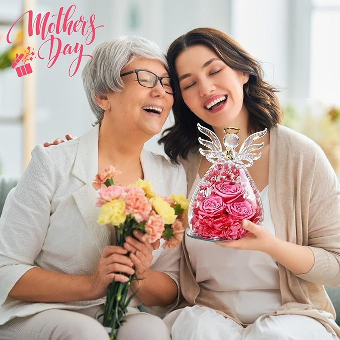 Beferr Mothers Day Mom Birthday Gifts for Women, Fresh Flowers for Delivery Forever Preserved Rose in Glass Angel Figurine, Anniversary Christian Real Rose for Grandma Nana Wife Mum from Daughter Son