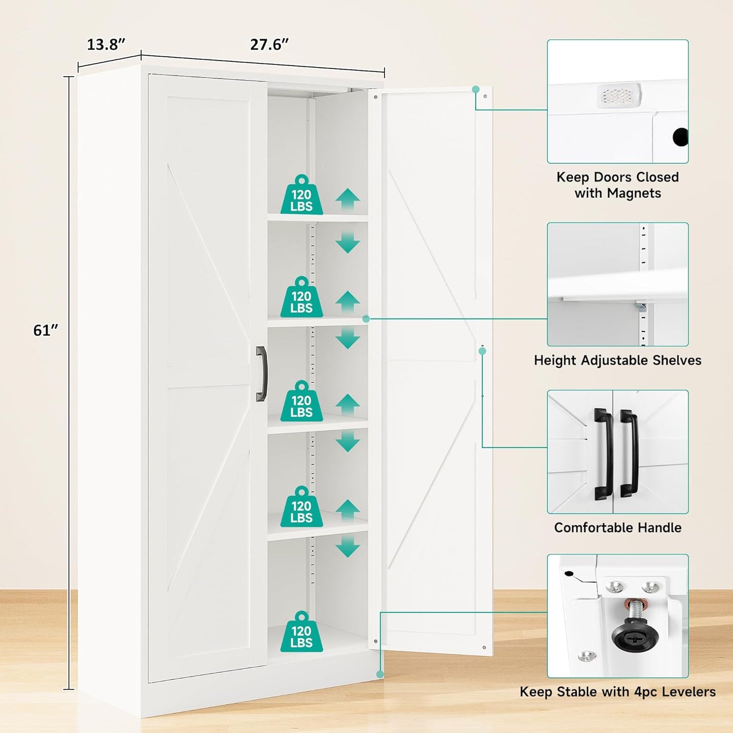 SISESOL Metal Storage Cabinet with 2 Doors and 5 Shelves,61 inch White Pantry Storage Cabinet,Large Farmhouse Pantry Cupboard for Home,Kitchen,Dining/Living Room