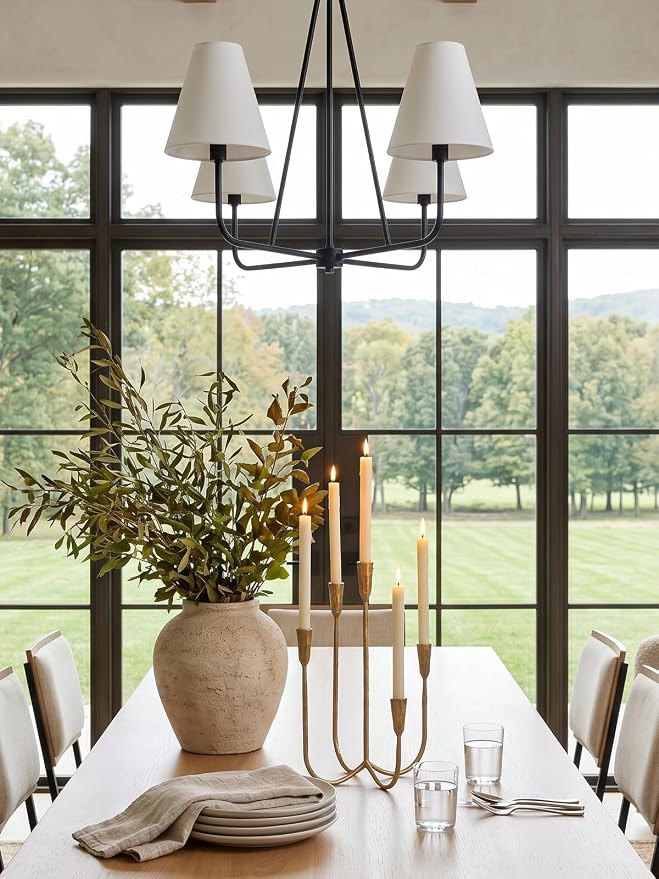 Denique 5-Arm Cast Iron Candelabra with LED Flameless Taper Candles and Remote, Tall Metal Vintage Candle Holder Centerpiece for Dining Table, Wedding and Event Decor, Gold
