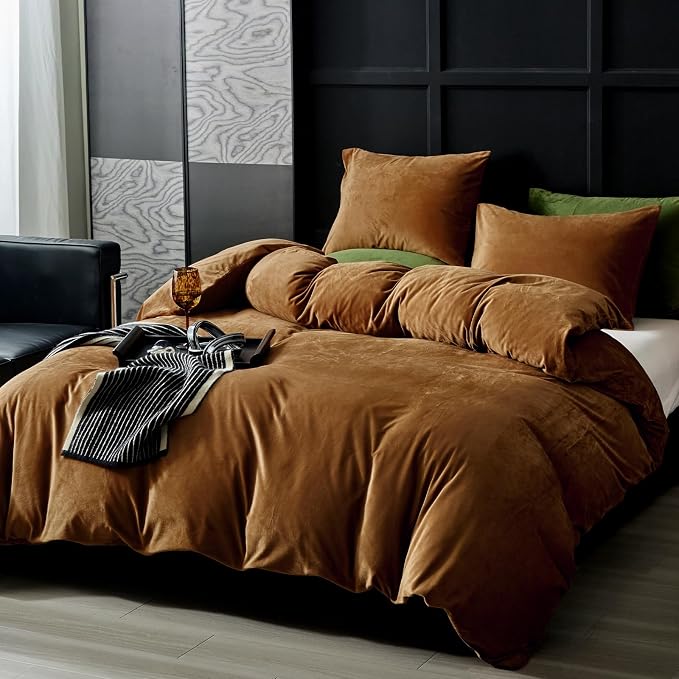 WARMDERN Camel Flannel Velvet Duvet Cover Queen Size Duvet Cover Bedding Sets, 3pcs Ultra Soft Luxury Textured Modern Crystal Velvet Duvet Covers with Zipper Closure(Camel, Queen)