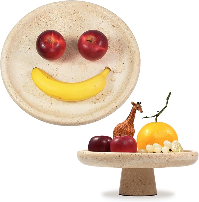 Marble Fruit Bowl for Kitchen - 9.9" Travertine Decorative Stone Pedestal Bowls for Home Decor, Footed Fruits Holder For Dining Table Counter Organization