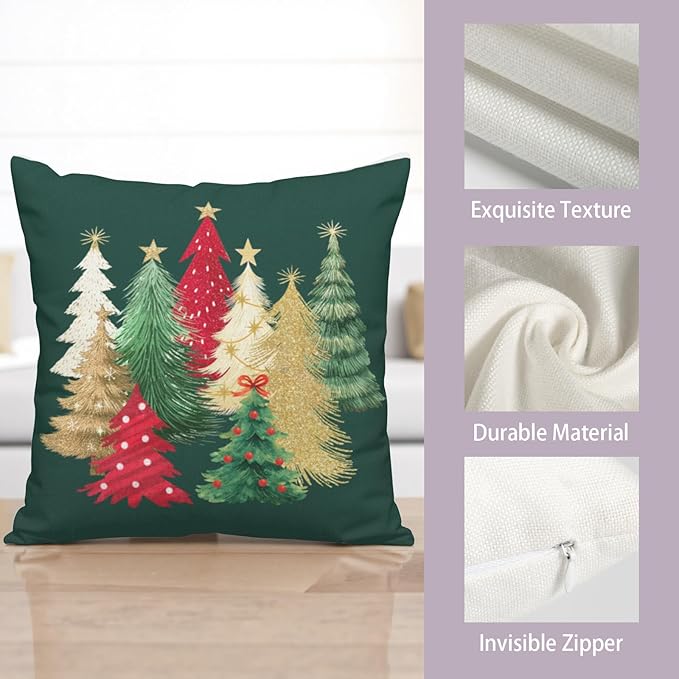 Christmas Pillow Covers 22x22 Set of 2 Colorful Xmas Tree Throw Pillow Covers Green Winter Holiday Decorative Pillowcase Double Sided Printing Cushion Case for Home Decor Sofa Couch