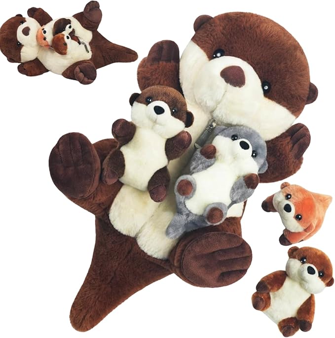 5 PCS Sea Otter Stuffed Animals, Large Mommy Otter Plush with 4 Babies Stuffed Otters Inside, Soft Cuddly Otter Plushies Pillow Toy Gift for Kids Easter Birthday Christmas Ocean Party