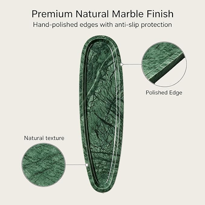 Natural Marble Vanity Tray, 16.6"x4.6" Green Real Stone Decorative Tray for Bathroom Countertop & Home Decor, Catchall Organizer for Jewelry, Candles, Cosmetics & Perfume（Green）