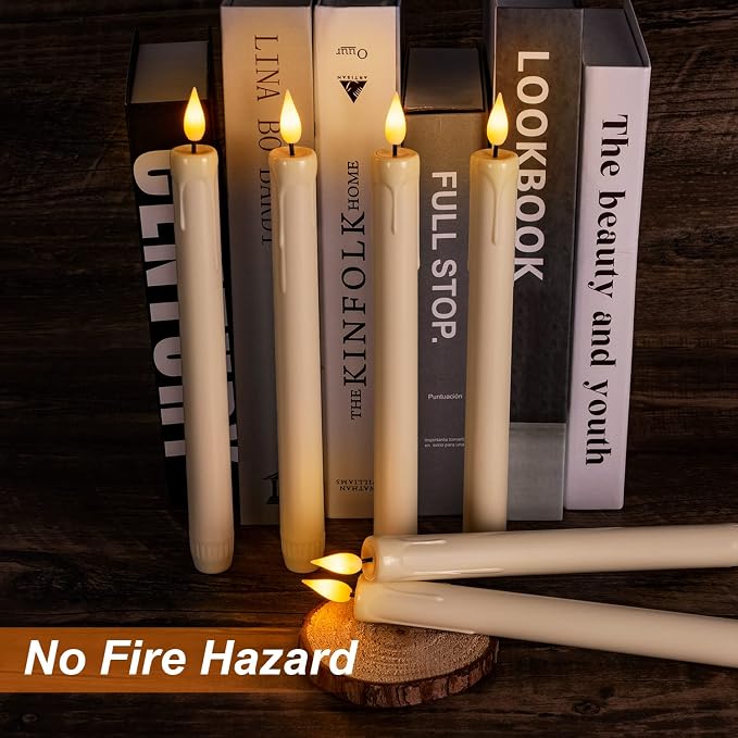 Homemory 48 Pcs Plastic Flameless Taper Candles with Remote Timer Dimmer, Taper Candles Battery Operated with Flickering Light, Ivory Led Candlesticks for Wedding Party Holiday Decoration 9.6 Inches