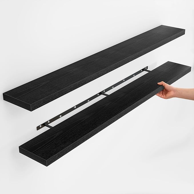 Fun Memories Floating Shelves for Wall, Rustic Wood Wall Mounted Shelves for Bathroom, Bedroom, Living Room & Kitchen, Storage Display Shelves, (Set of 2, Black, 66 in)