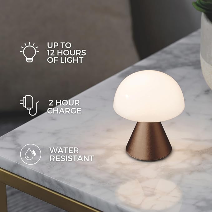 Lexon Mina Small Mushroom Lamp - LED Portable Bedside Light for Bedrooms, Kids & Nursery - Rechargeable with 12h Autonomy & Memory Dimmer, Aluminum - Glossy Black