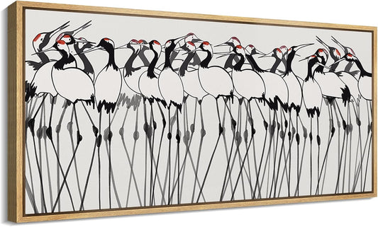 MUDECOR Extra Large Framed Canvas Print Wall Art Minimalist Crane Flock Japanese Ink Style Bird Illustrations Decorative Colorful Multicolor for Bedroom - 60"x30"