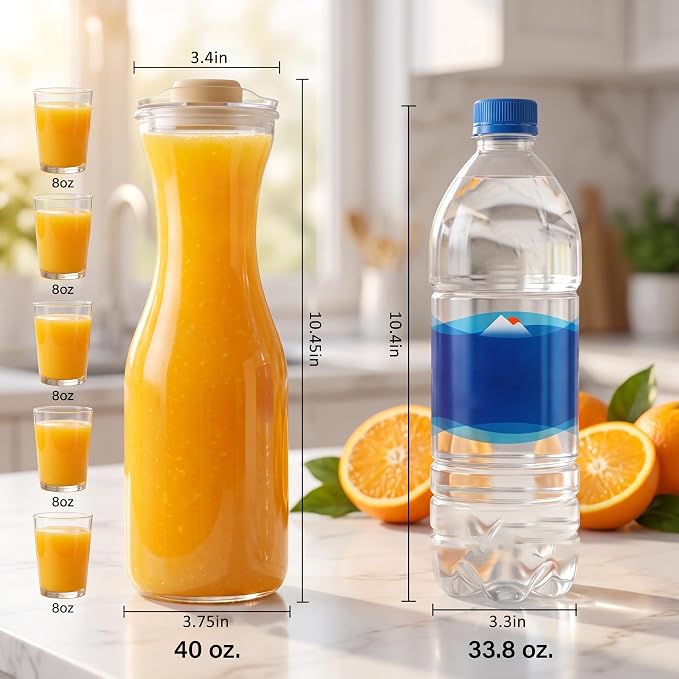 Set of 4 Glass Carafes with Flip Top Lids (40 Oz) – Clear Glass Water Pitchers and Beverage Serveware for Mimosa Bars, Brunch, Parties, Wine, Juice, Milk, Iced Tea, and Lemonade with Easy-Pour Spout