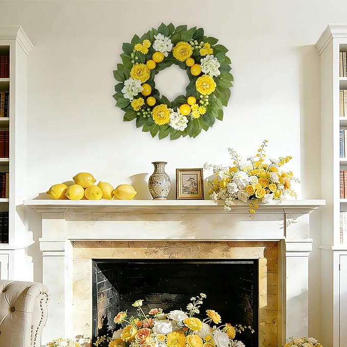 Summer Lemon Wreaths for Front Door, 22 Inch Yellow Summer Wreath Decorations with Peony, Hydrangea, Berries for Farmhouse Porch Wall Window Home Kitchen Decor