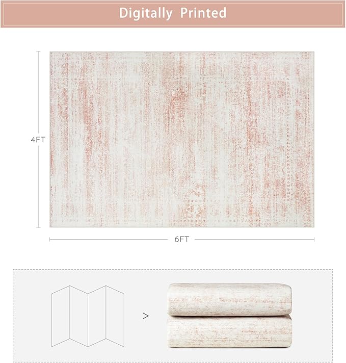 Srugn Washable Rugs 4x6 Area Rugs for Living Room,Bedroom,Kids Room,Nursery- Soft Faux Wool Small Carpets,Non Slip&Non-Shedding Low Pile Vintage Print Rugs for Enterway,Home Office Decor-Pink White