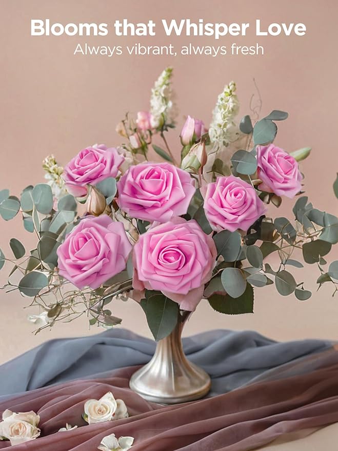 InnoGear Artificial Flowers, 100 Pcs Pink Foam Fake Roses Bulk with Stems for Decoration DIY Wedding Bouquets Centerpieces Bridal Shower Party Valentines Christmas Tree