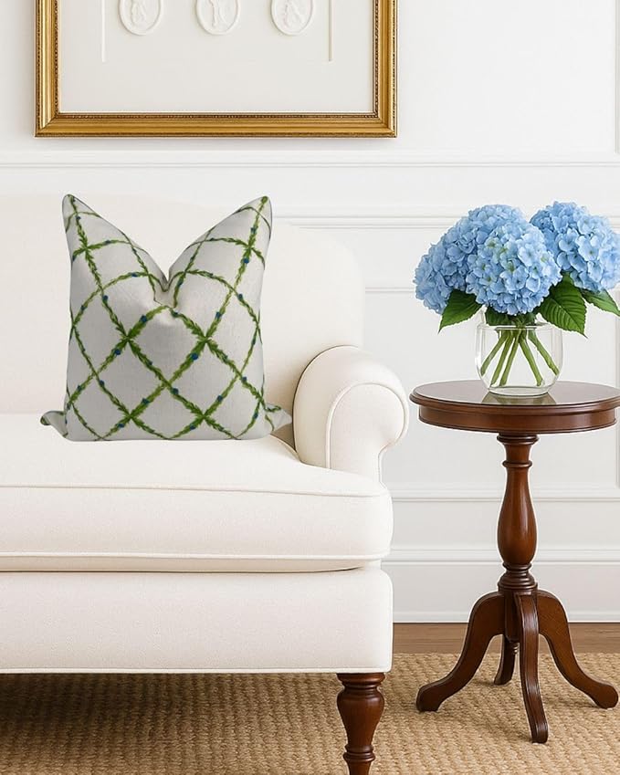 Jillien Harbor “The Lattice” Spring Decorative Festive Pillow Cover – Garden-Inspired White Accent Pillow Cover with Grey-Blue Pipping – Grandmillennial Home Decor, 20" x 20"