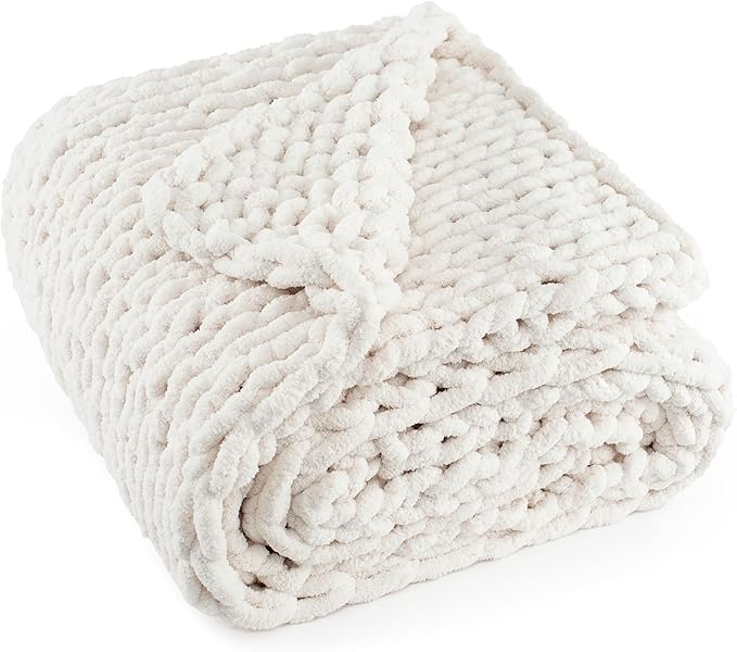 Chunky Knit Throw Blanket 50x60, 100% Handmade Chenille Yarn | 4.4lbs Soft Thick Cable Knitted Blankets, Large Rope Knot Crochet Throws for Couch Sofa Bed Machine Washable, Cream White