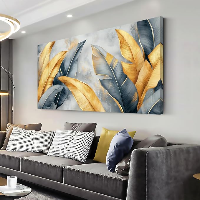 Ggaafet Gold Leaves Wall Art for Bedroom Canvas Painting Prints Botanical Boho Abstract Gray Leaf Art Deco Modern Artwork Office Family Dining Room Decor