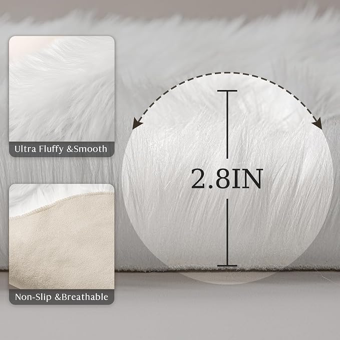 Ashler Faux Fur Rug, Fluffy Shaggy Area Rug Ultra Soft 4 x 4 Feet Square Fur Rug White Fuzzy Rug Machine Washable Shag Rug, Nursery Decor Throw Rugs for Bedroom, Kids Room, Living Room