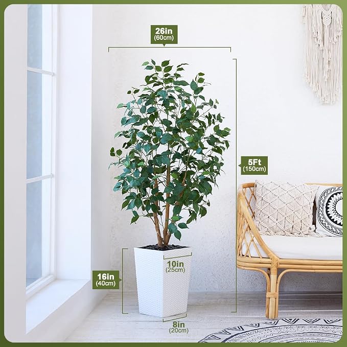VeriNatural 5ft Artificial Ficus Tree,Tall Faux Tree with Pebbles & Planter UV Resistant Potted Fake Plant with Silk Leaves & Real Wood Trunk,Indoor Outdoor Floor Plant for Home,Living Room,VN129