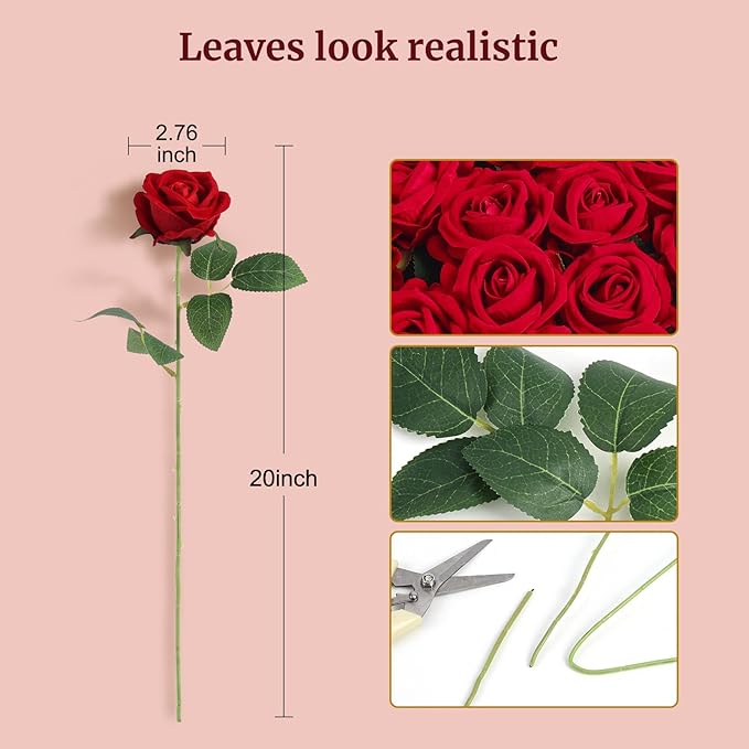 60Pcs Red Roses Artificial Flowers, Velvet Silk Faux Roses, Realistic Red Flowers for Mother's Day, Wedding Centerpieces, Cake, Bridal Bouquets, Home Decor, Anniversary, Valentine's Day Decorations