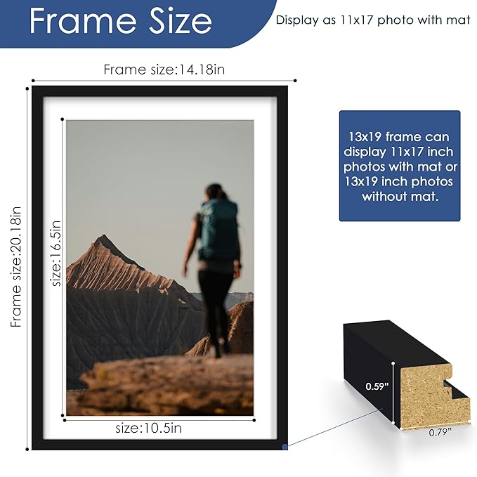 PEALSN 13x19 Picture Frame Set of 6, Display Pictures 11 x 17 with Mat or 13 x 19 without Mat for Wall Mounting Display, Poster Frames Collage for Wall Decor, Black.