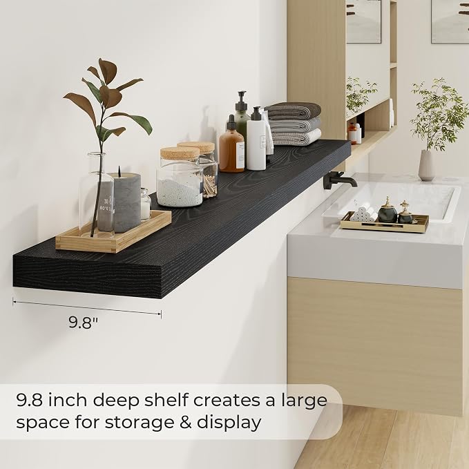 Dreamland 72Inch Black Floating Shelves 9.8" Deep Wall Mounted Set of 2 | Wall shelves for bathroom, bedroom, Living Room, kitchen, deep wall mount wood storage display for home decor 72" x 9.8"
