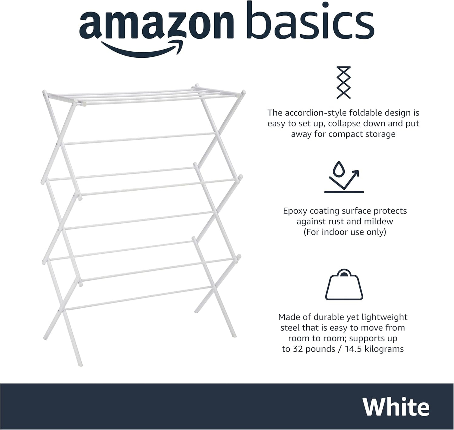 Amazon Basics Foldable Portable Laundry Rack for Air Drying Clothing, Indoor Outdoor Use - 14.5" D x 29.5" W x 41.8" H, White