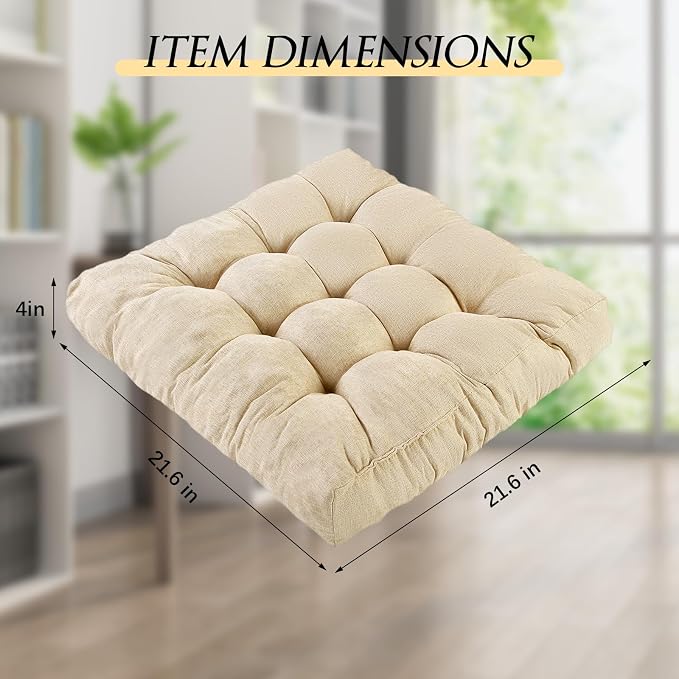 Meditation Floor Cushions, Thickened Floor Pillow for Adults, Large Square Pillows Seat Cushion for Tatami Living Room Yoga, Memory Sponge Block Added, 22x22 Inch, Beige