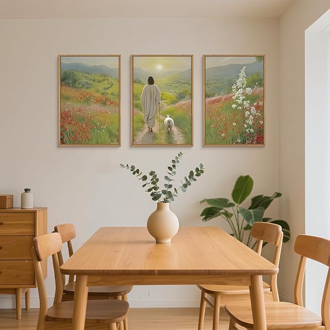 LHIUEM Large Jesus and Lamb Christian Framed Canvas Wall Art,Leaves The 99 Sheep Wall Decor,Mountain Sunset Flower Bible Artwork for Living Room,Bedroom,Dining Room,Office -24''x36''x3