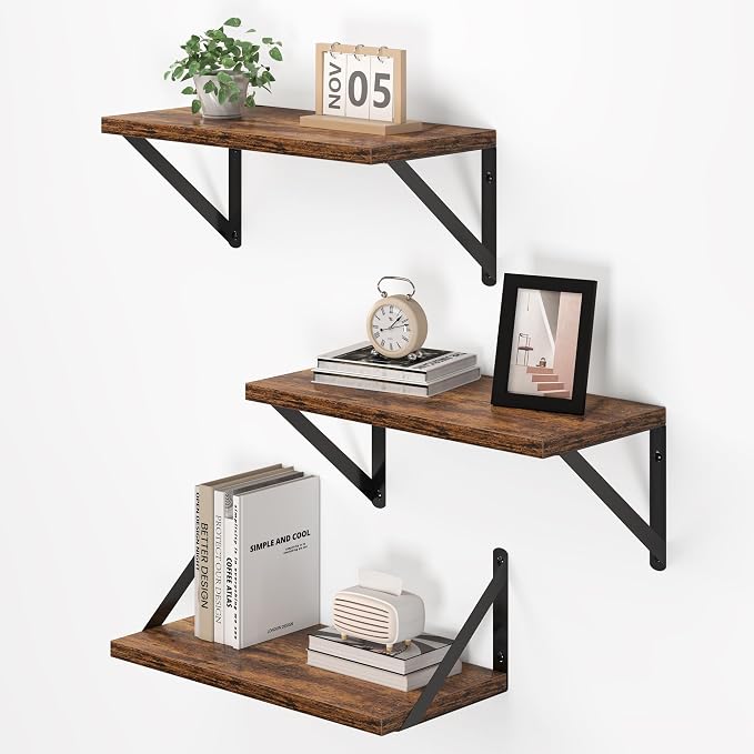 Vivelove Deep Floating Shelves for Wall, 16W x 8D Wood Wall Shelves Set of 3, Wide Floating Bookshelf for Living Room, Kitchen, Office, Bedroom and Decor Storage, with Metal Bracket - Rustic Brown