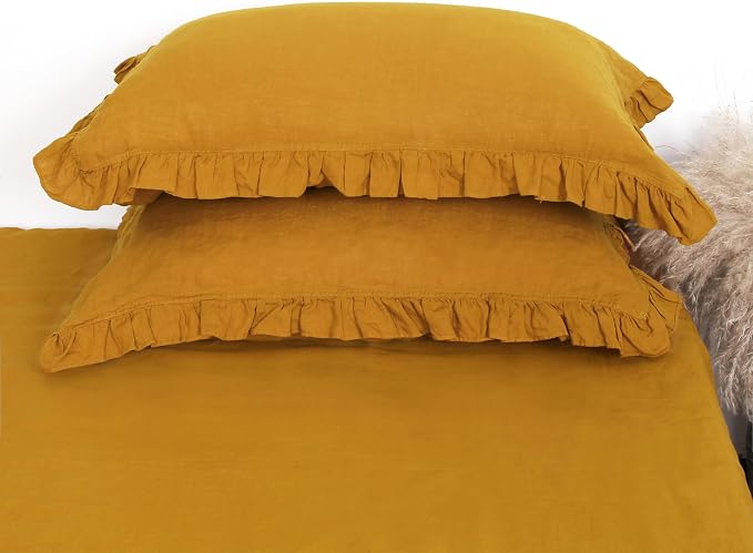 Linen Ruffled Pillow Cases,100% French Natural Linen Pillowcase Set of 2,Decorative Boho Pillow Cases Ruffle Bedding King Size (20''x40''),Yellow