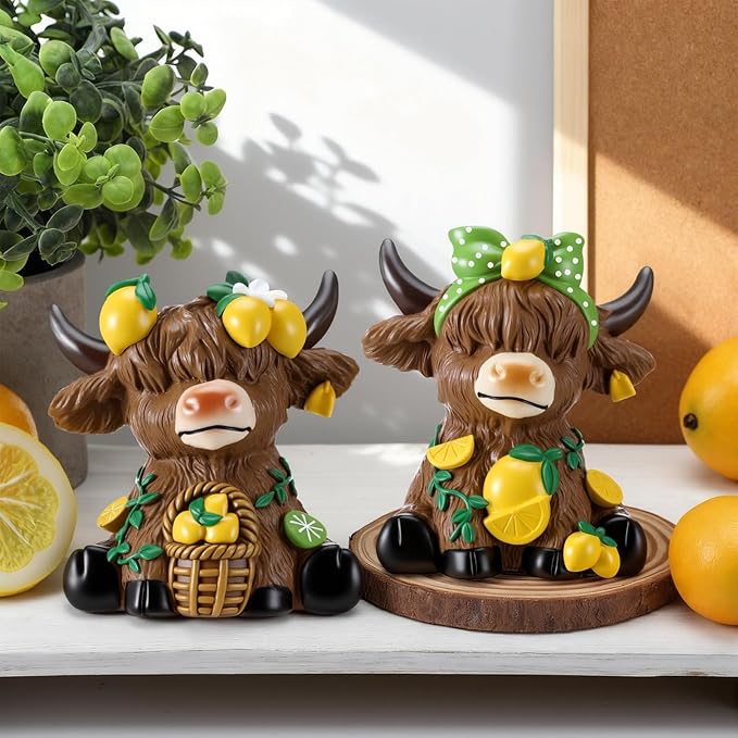 Wesiti 2 Pcs Lemon Highland Cow Figurines Summer Highland Cow Gnomes Scottish Resin Statue Calf Lemon Gifts for Spring Home Garden Kitchen Office Tiered Tray Table Decor