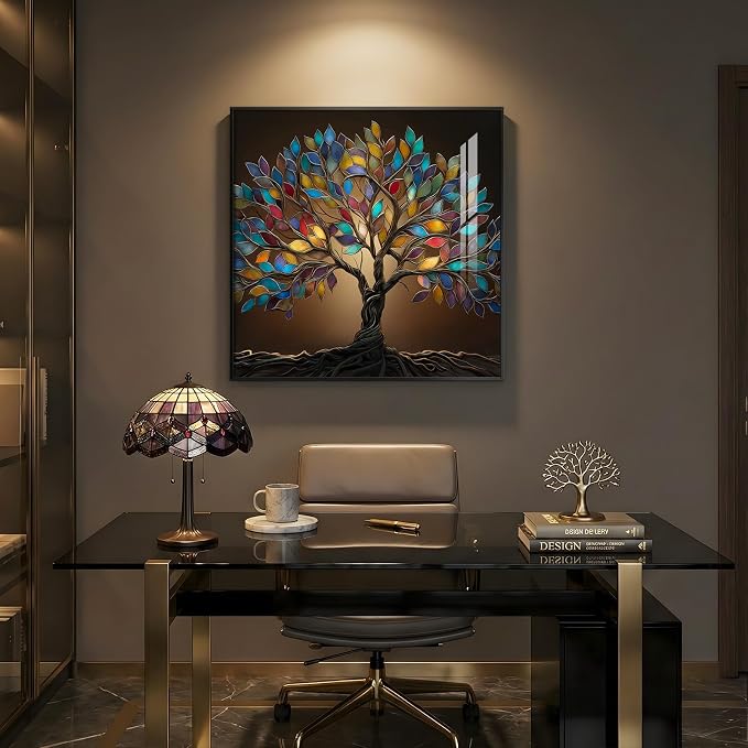 Framed Square Tree of Life Wall Art, Modern Contemporary Tree Painting Prints Artwork for Walls, Dark Colorful Elegant Picture for Living Room Bedroom Kitchen Office Dining Room Wall Decor, 30x30 In