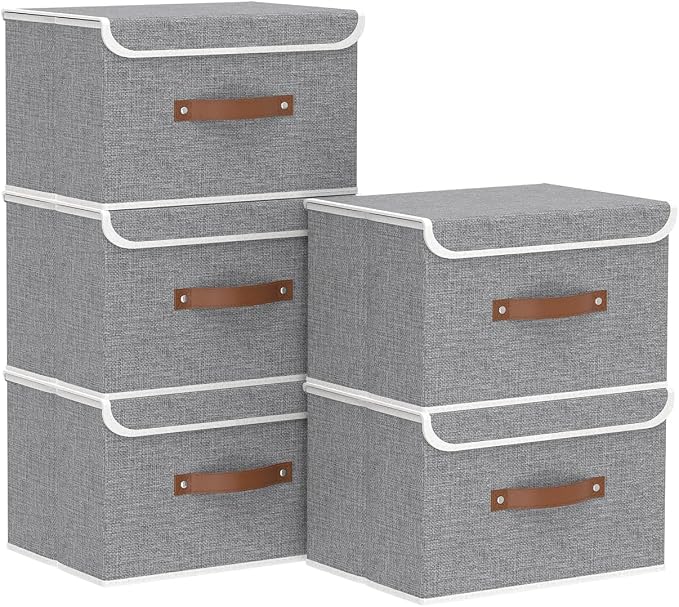 Yawinhe Collapsible Storage Box, Cube Organizer Basket, Fabric Bin with Lids, Washable and Leather Handle for Shelves, Closet, Grey, 10.2x7.9x6.7 In, 5-Pack, SNK024GN-5